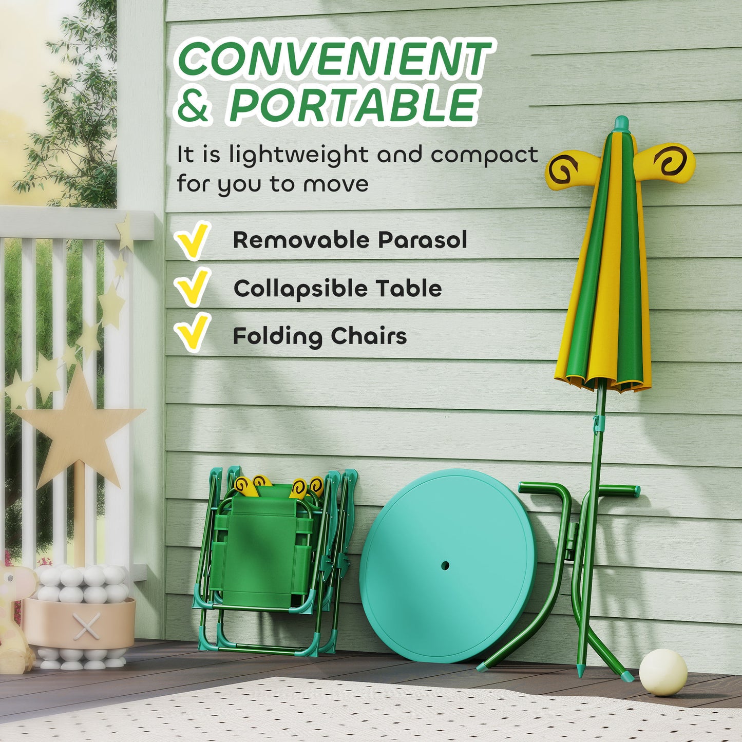 Kids Picnic Table And Chair Set, Outdoor Activity Table With Foldable Chairs, Height Adjustable Umbrella, Green