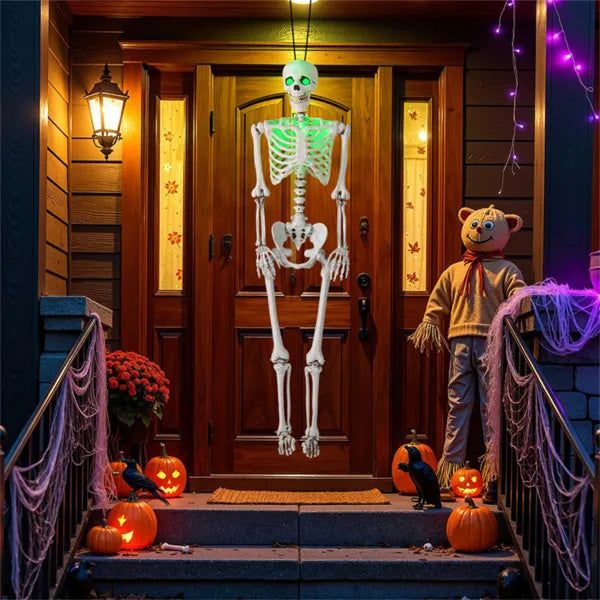 5.5ft Life-Size Pre-Lit Halloween Skeleton - Built-In Green LED Lights Eyes Chest , Fully Poseable Joints, PP PE Material