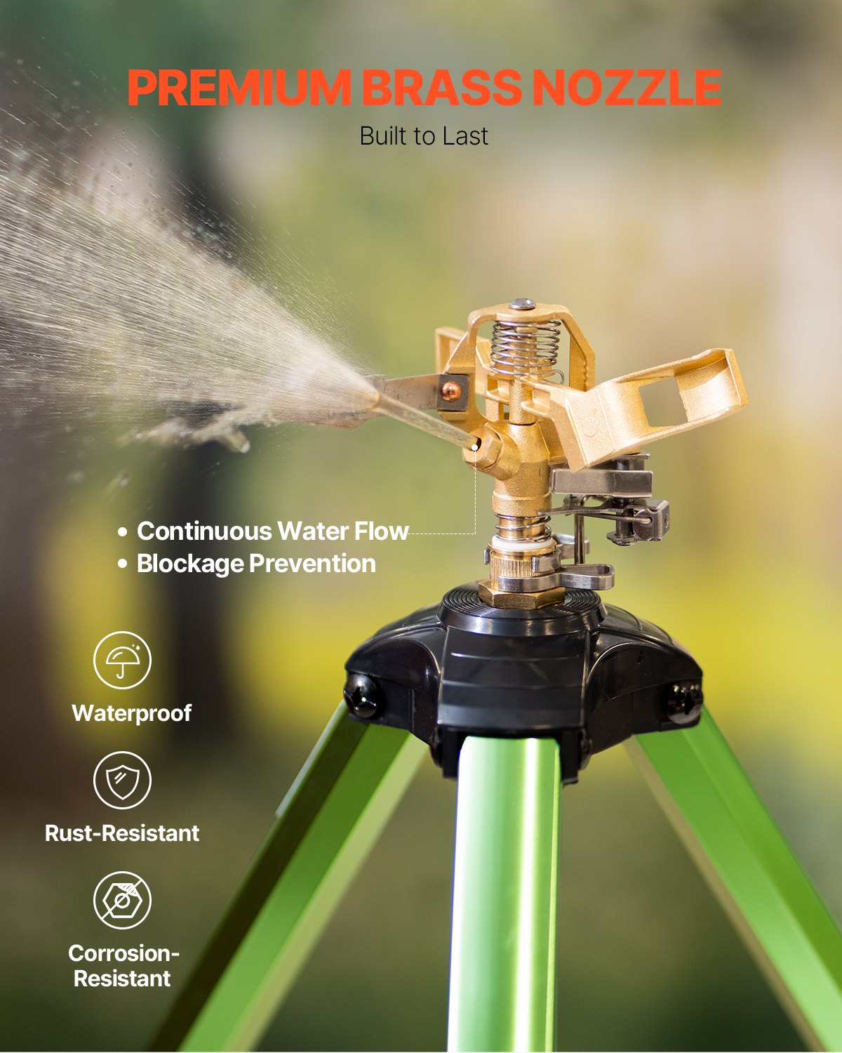 Gold sprinkler head with water spraying, labeled as a premium brass nozzle with features listed.