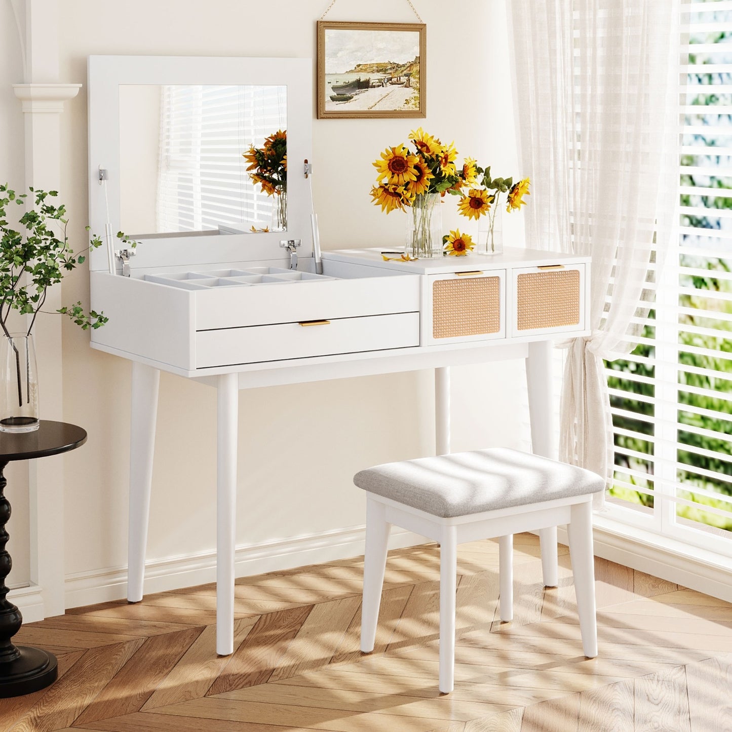 43.3 Wood Makeup Vanity Set With Flip-Top Mirror, Stool 3 Drawers