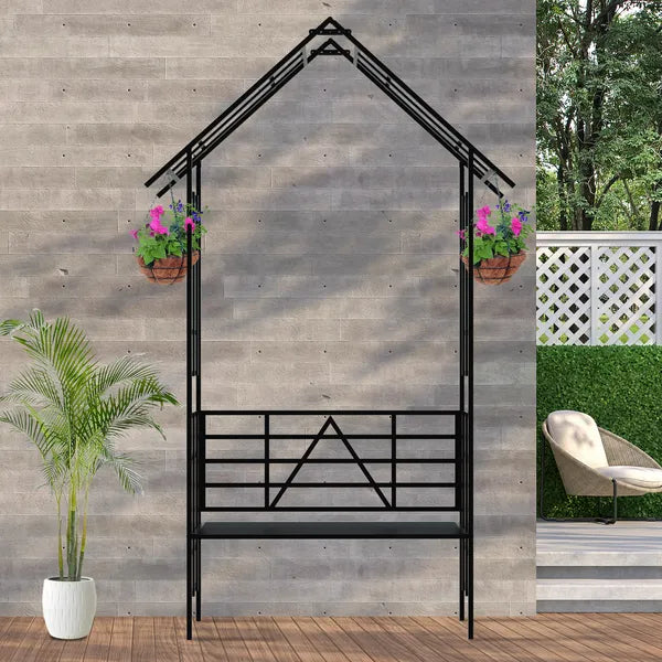 2 in 1 Metal Garden Arch With Bench Turned Into Flower Stand W58.07*H97.24 Climbing Plants Support Rose Arch Outdoor Black