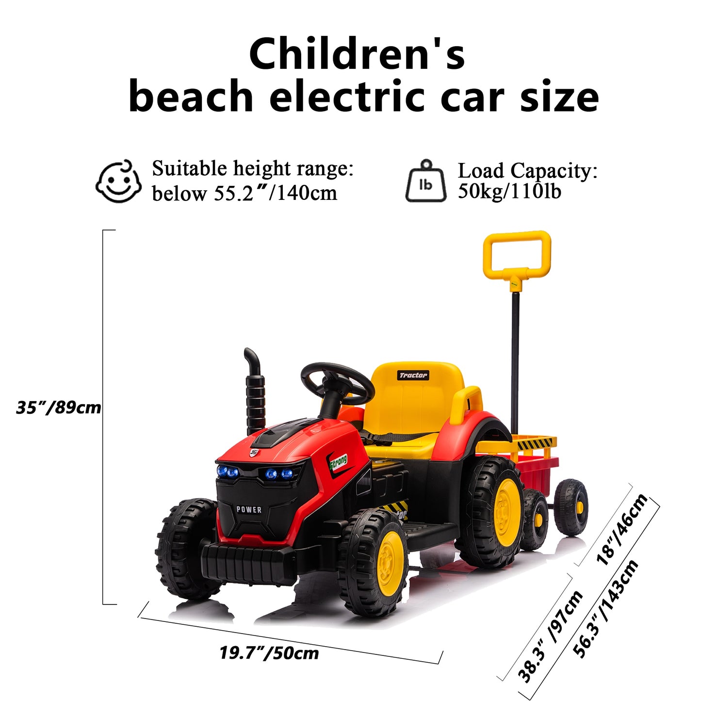 Kids Electric Ride On Tractor With Trailer, 12V Powered Children's Farm Tractor Toy Car With LED Lights, Music, PP Material, For 3-6 Years Old