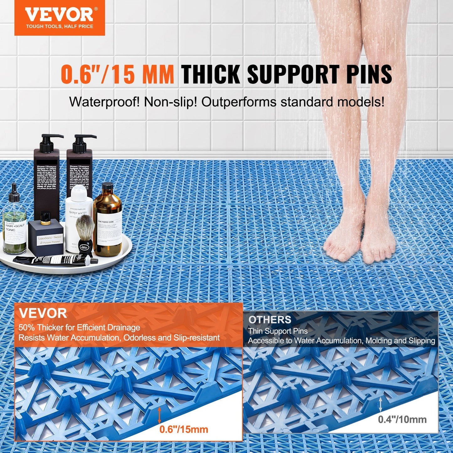 VEVOR Interlocking Tile 50PCS Blue, Drainage Tiles Splicing, PVC Interlocking Drainage Floor Tiles, Non-Slip Drainage Holes For Restroom, Bathroom, Kitchen, Pool, Wet Areas