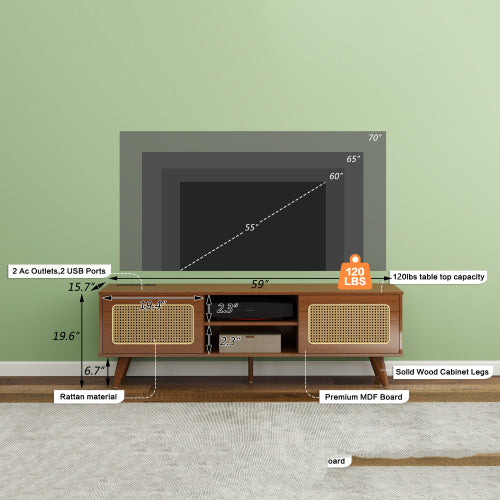 Mid Century Modern Rattan TV Stand Entertainment Cabinet