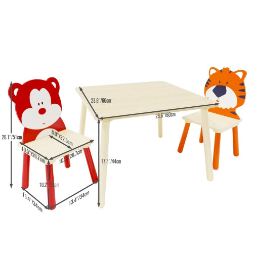 Safari Animal Children's Table Set Solid Wood With 2 Chairs, 3 Piece Set