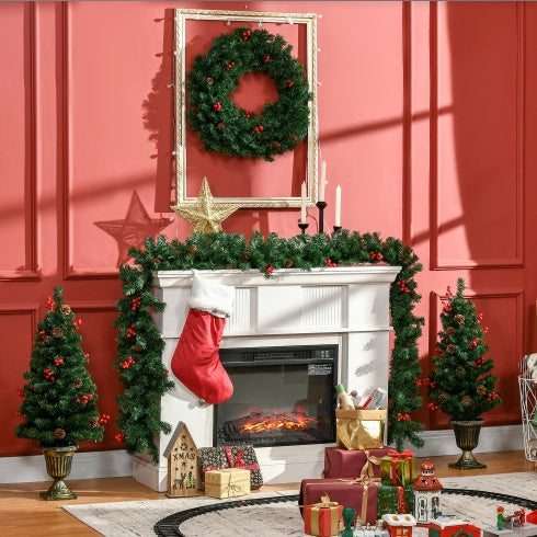 HOMCOM Pre lit Holiday Christmas 4-Piece Set, Garland Wreath And Set Of 2 Entrance Trees With Warm White LED Lights, Red Berries, Pine Cones, Green