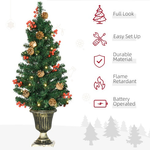 HOMCOM Pre lit Holiday Christmas 4-Piece Set, Garland Wreath And Set Of 2 Entrance Trees With Warm White LED Lights, Red Berries, Pine Cones, Green