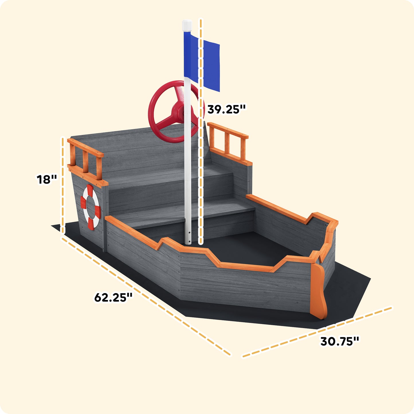 Kids Wooden Sandbox Pirate Ship Sandboat W Bench Seat Storage Space Ceder Wood, Gray