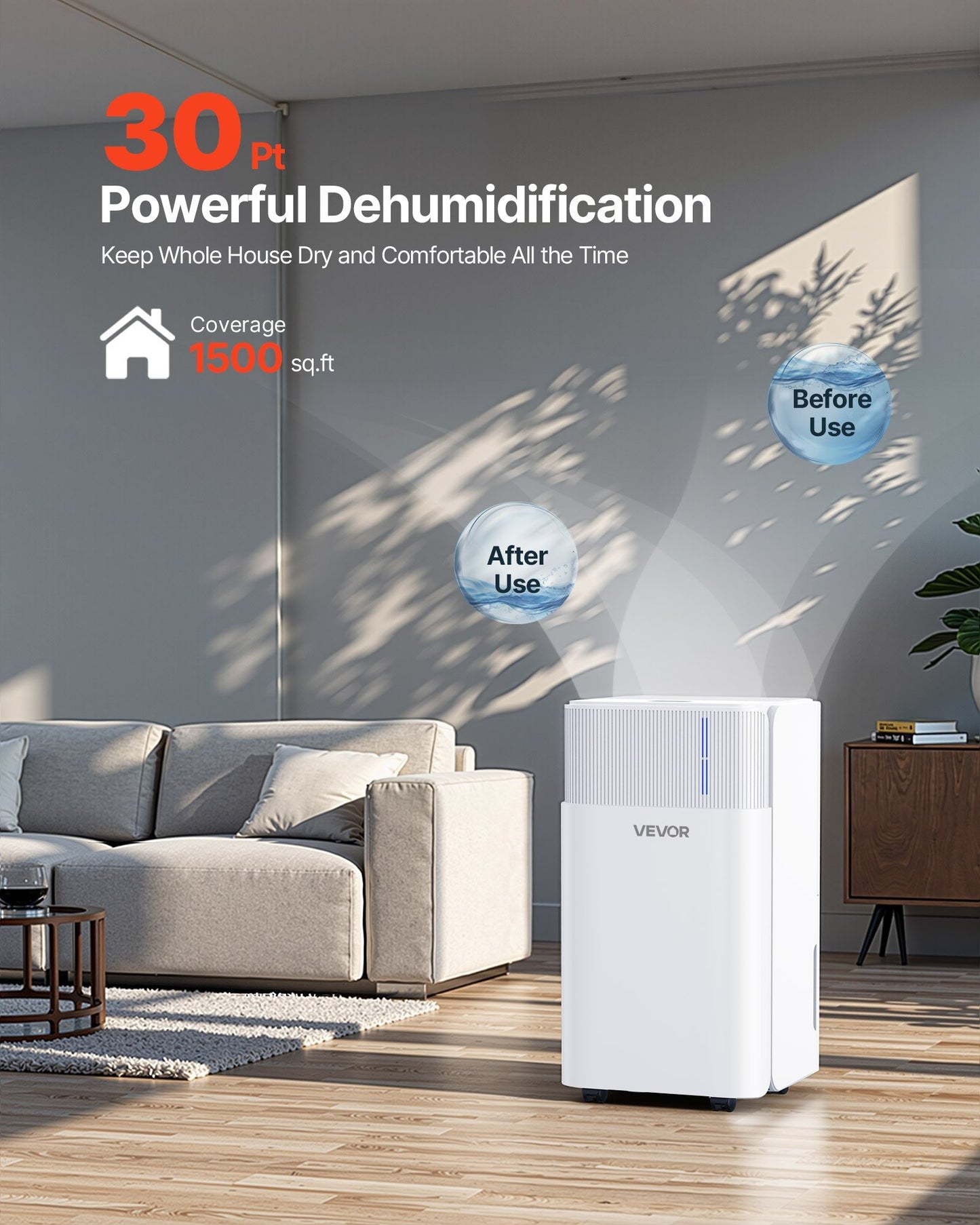 30 Pints Dehumidifier For Home And Basement Smart Humidity Low Noise For Room