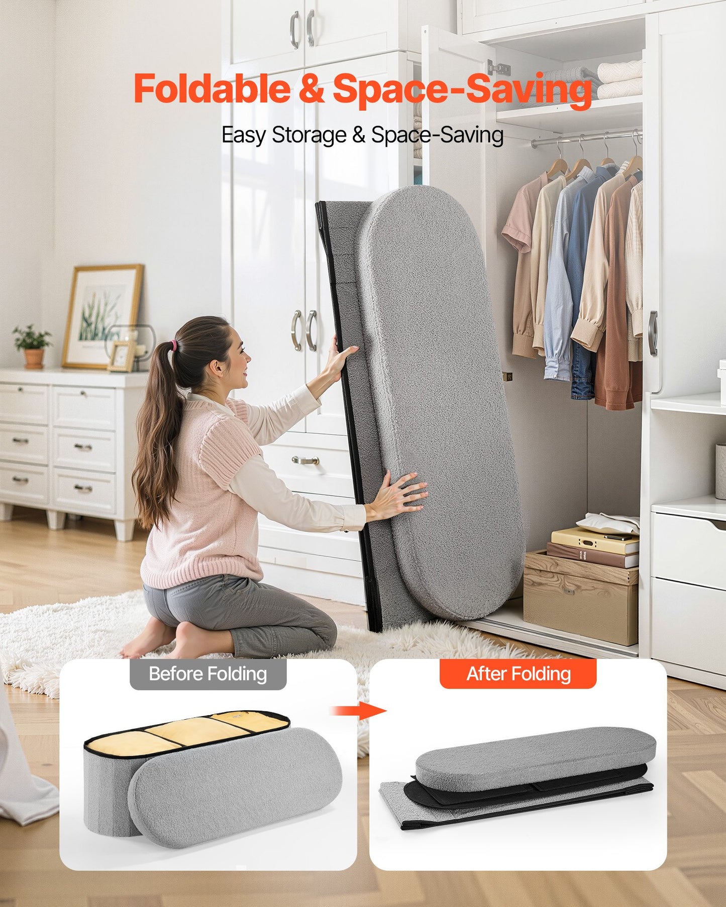 Woman using a foldable ironing board in a closet with text highlighting its space-saving features.