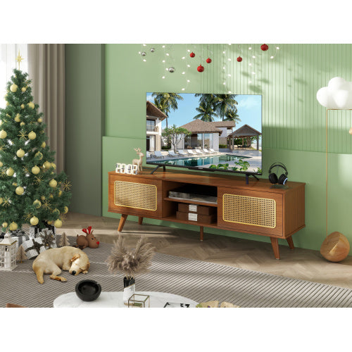 Mid Century Modern Rattan TV Stand Entertainment Cabinet