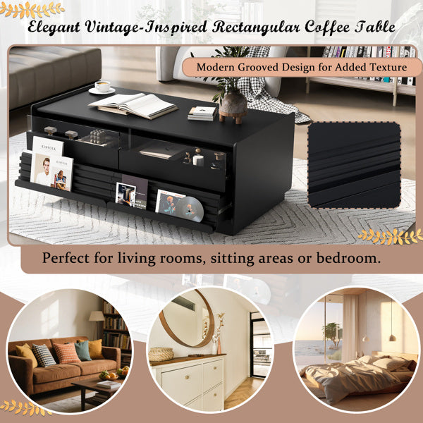 Modern Rectangle Coffee Table With 4 Drawers And 2 Display Shelves, Wood Coffee Table With Fluted Style, Tempered Glass For Living Room