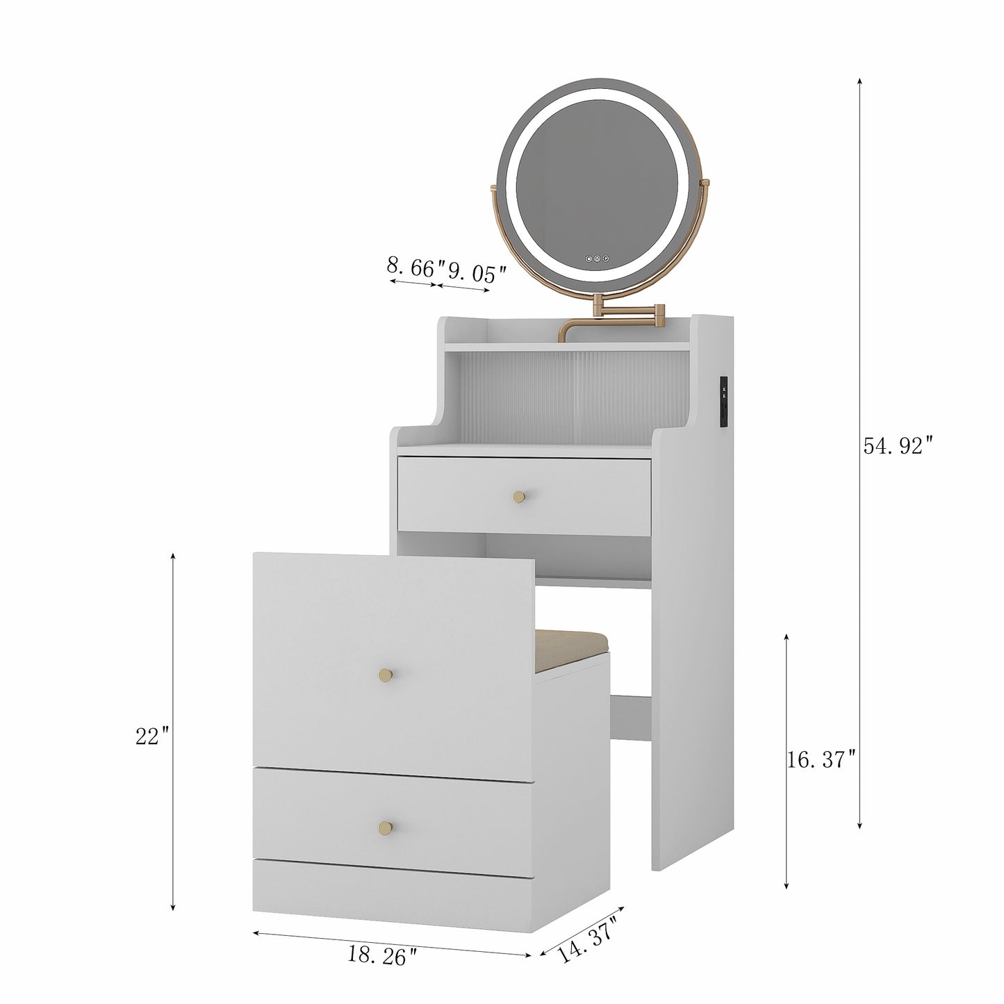 3 In 1 Vanity Desk With Mirror And Light ,Small Makeup Vanity Set With Charging Station, With 2 Drawers And Open Storage Space, With Upholstered Stool, Compact Dressing Table Writing Desk For Small Sp