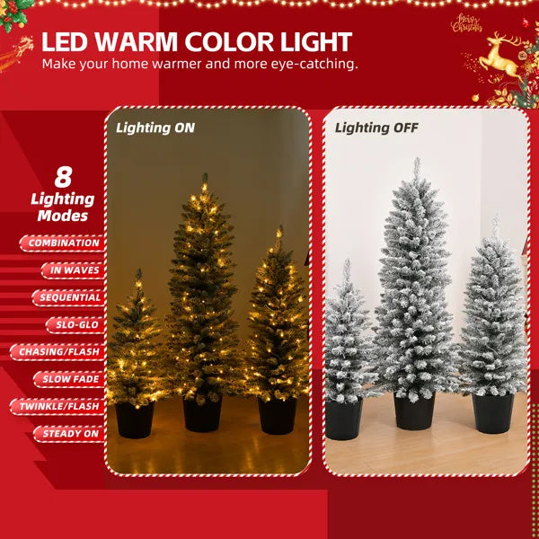 Set Of 3 Pre-lit Xmas Trees With Pot Stands, Snow Flocked Artificial Christmas Trees WithWarm Lights Battery Operated And Branch Tips For Holiday Party Office Home