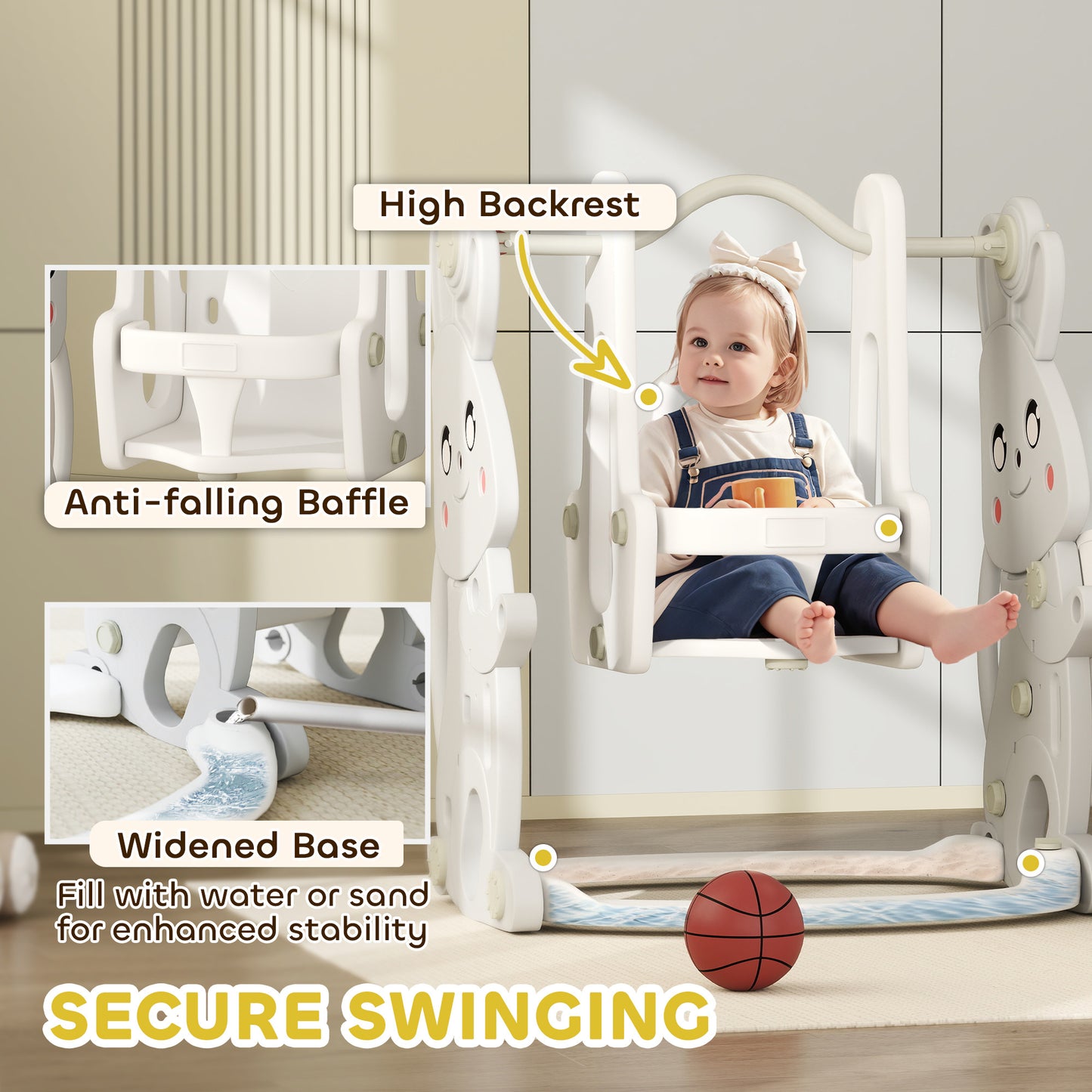 4 In 1 Toddler Slide And Swing Set With Climber, Basketball Hoop, Rabbit Themed Kids Playset For Ages 1.5-4, Gray