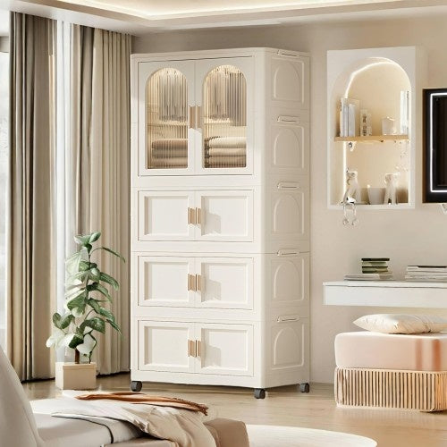 25.59 Side Wide Folding Wardrobe , 25.59x15.75x70.87 , With Magnetic Door, Plastic Storage Cabinet With Wheels One Layer Of Wardrobe X Three Layers Of Folding Boxesx10 Hangers