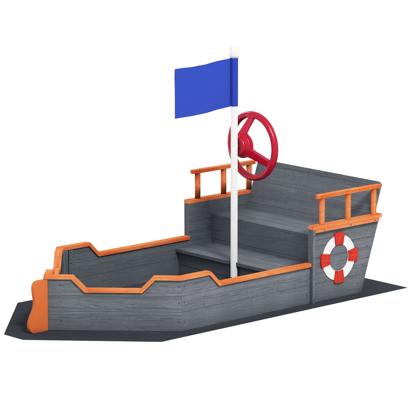 Kids Wooden Sandbox Pirate Ship Sandboat W Bench Seat Storage Space Ceder Wood, Gray