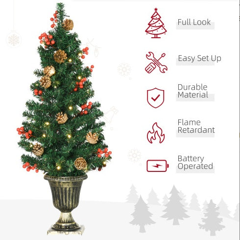 HOMCOM Pre lit Holiday Christmas 4-Piece Set, Garland Wreath And Set Of 2 Entrance Trees With Warm White LED Lights, Red Berries, Pine Cones, Green