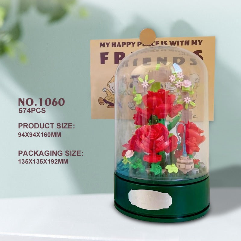 Flowers Building Blocks Rose Music Box With A Transparent Cover, A Rotating Music Pedestal