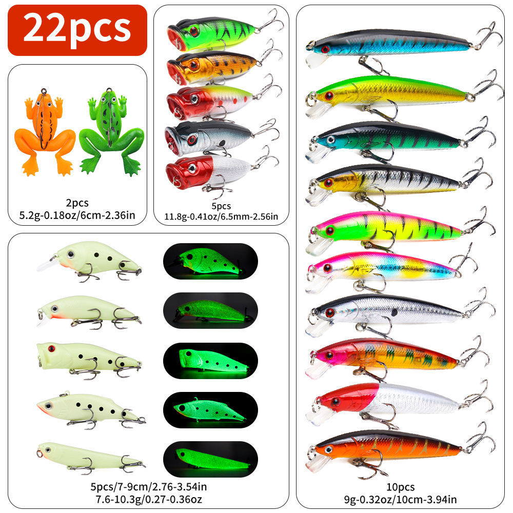 22-piece Set Hard Lure Soft Frog Popper Minnow Pencil VIB Luminous Bait Set Durable Hooks Realistic Action Ideal