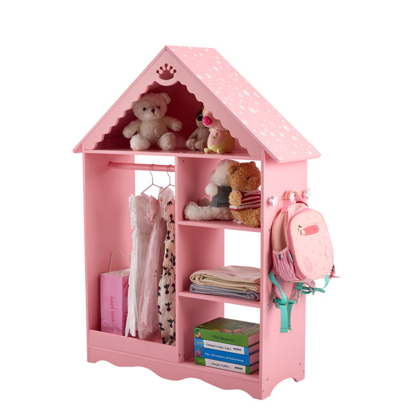 Pink children's wardrobe with toys and clothes on a white background