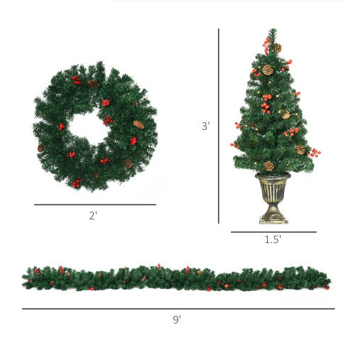 HOMCOM Pre lit Holiday Christmas 4-Piece Set, Garland Wreath And Set Of 2 Entrance Trees With Warm White LED Lights, Red Berries, Pine Cones, Green
