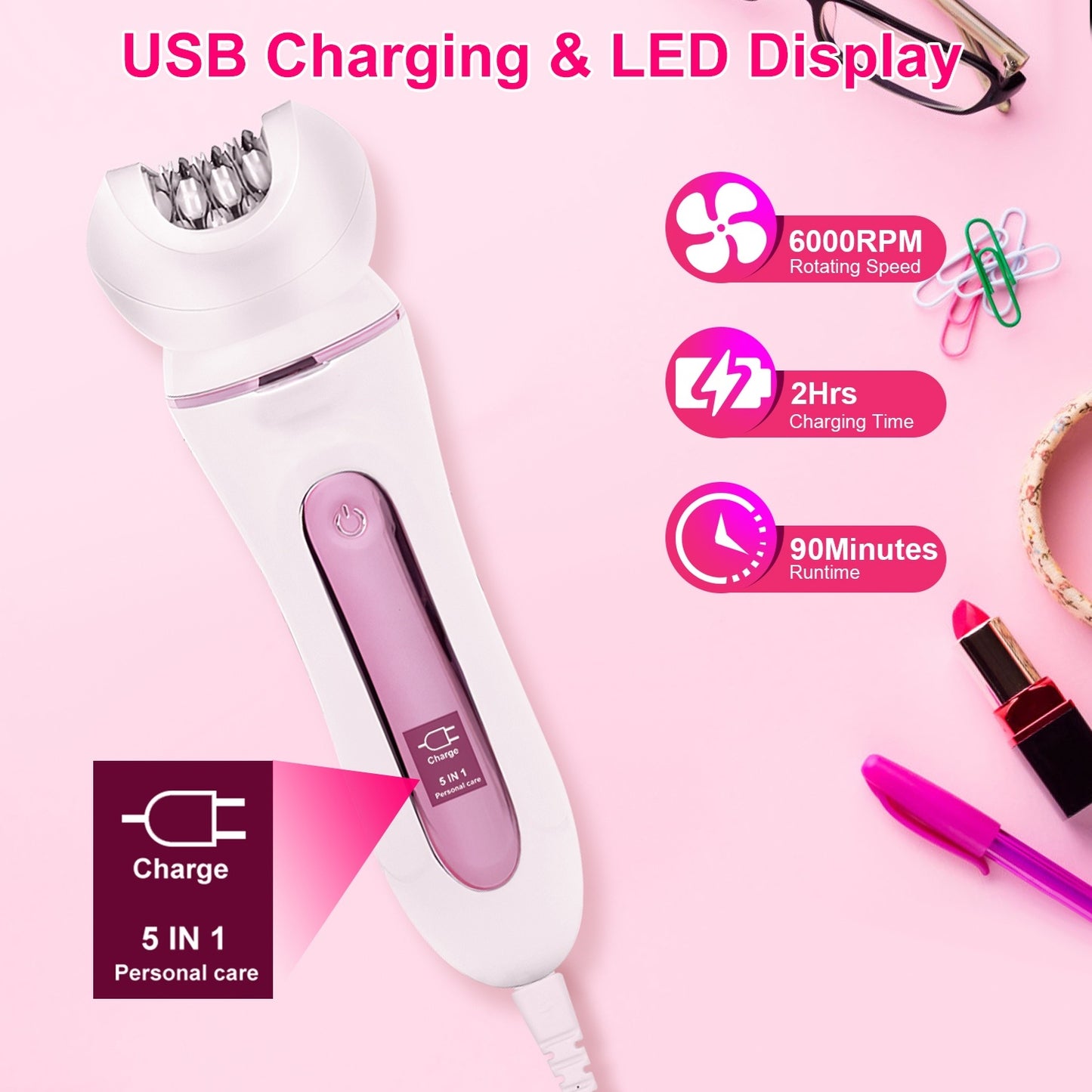 1Pc 5 In 1 Electric Body Epilator Rechargeable Women's Grooming Kit Epilator Shaver Facial Brush Callus Remover 5 Point Massager With LED Light LED Display Charging Base