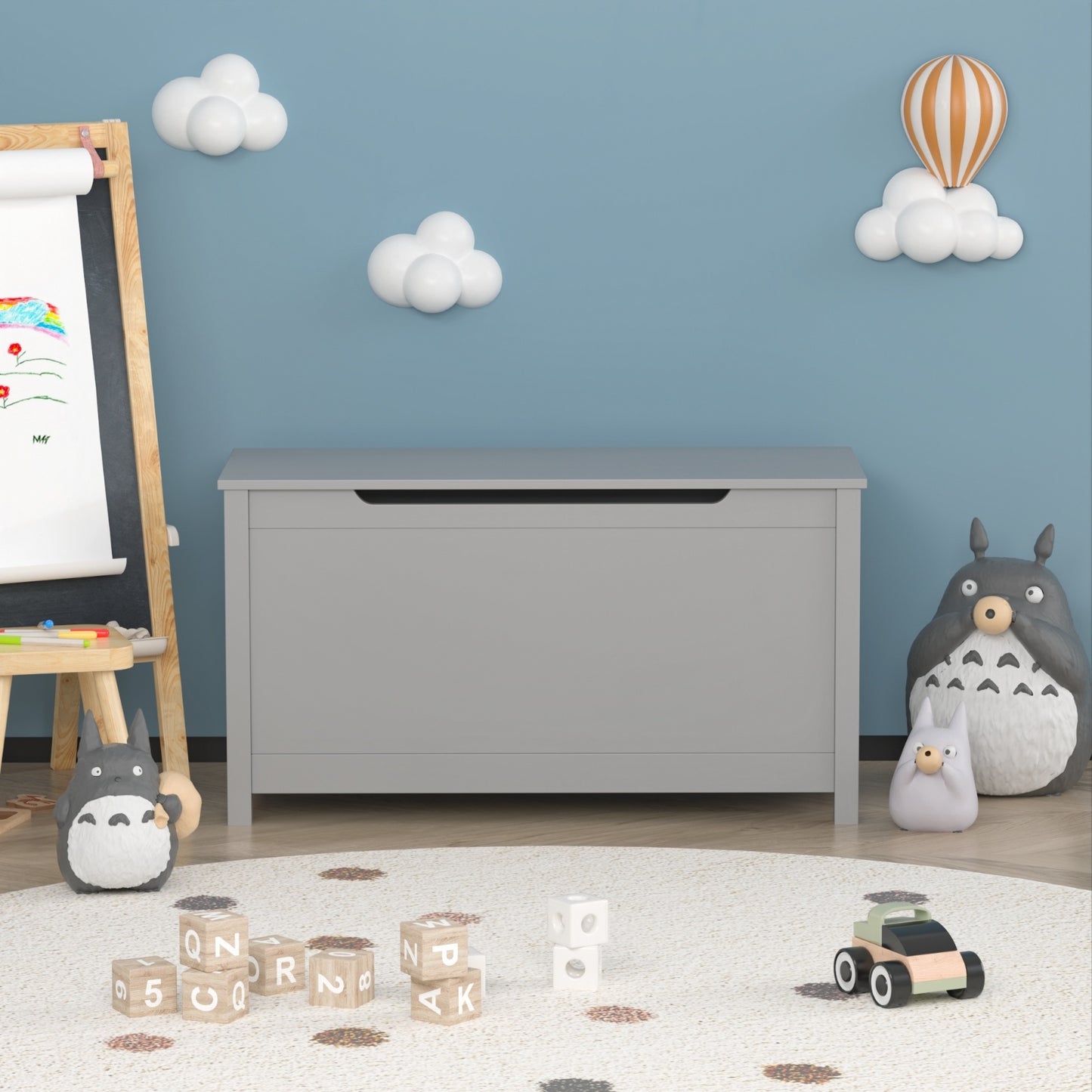 Kids Wooden Toy Box Storage With Safety Hinged Lid Gray