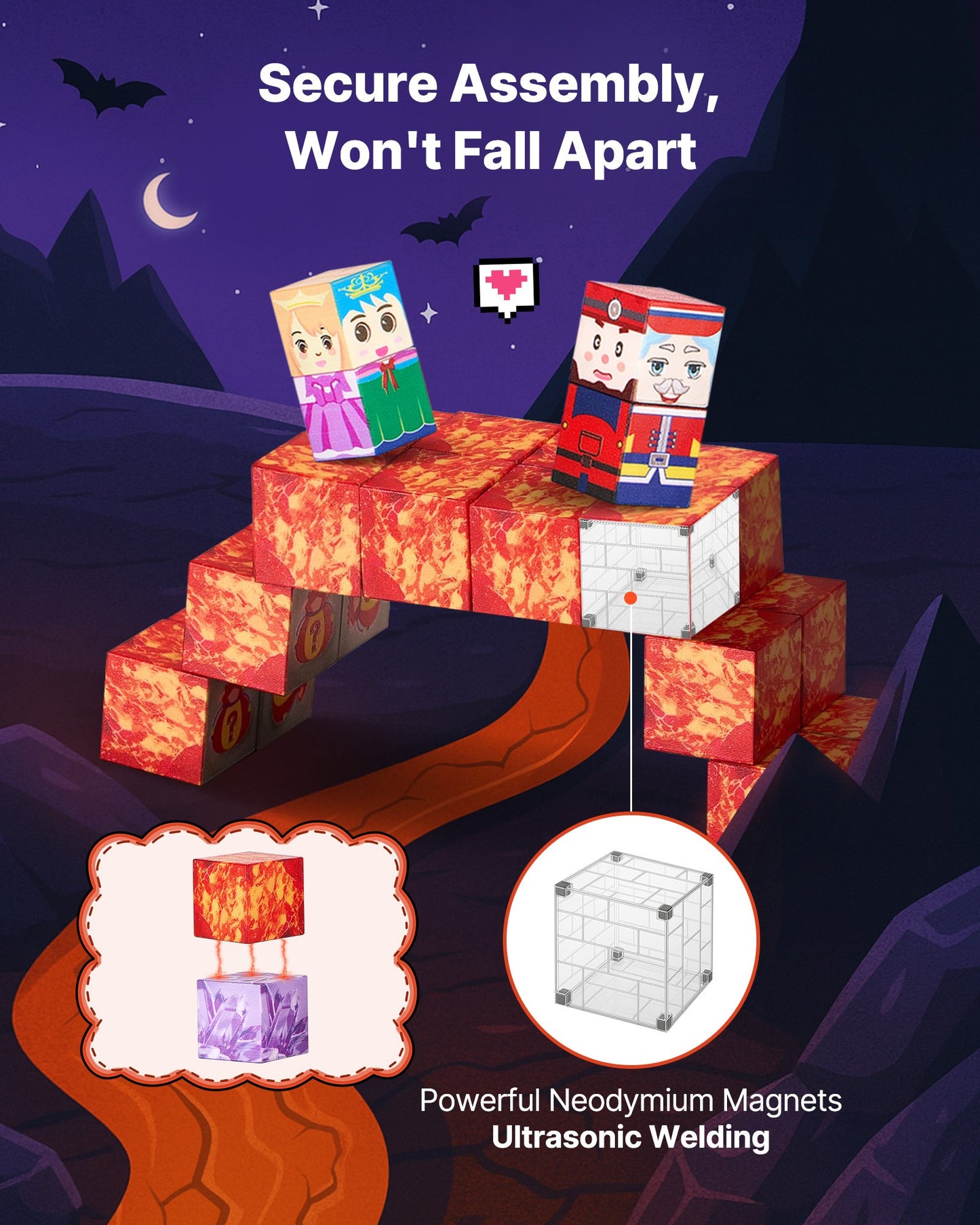 Product advertisement with cartoon characters on a bridge over lava, night sky background