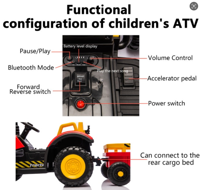 Kids Electric Ride On Tractor With Trailer, 12V Powered Children's Farm Tractor Toy Car With LED Lights, Music, PP Material, For 3-6 Years Old