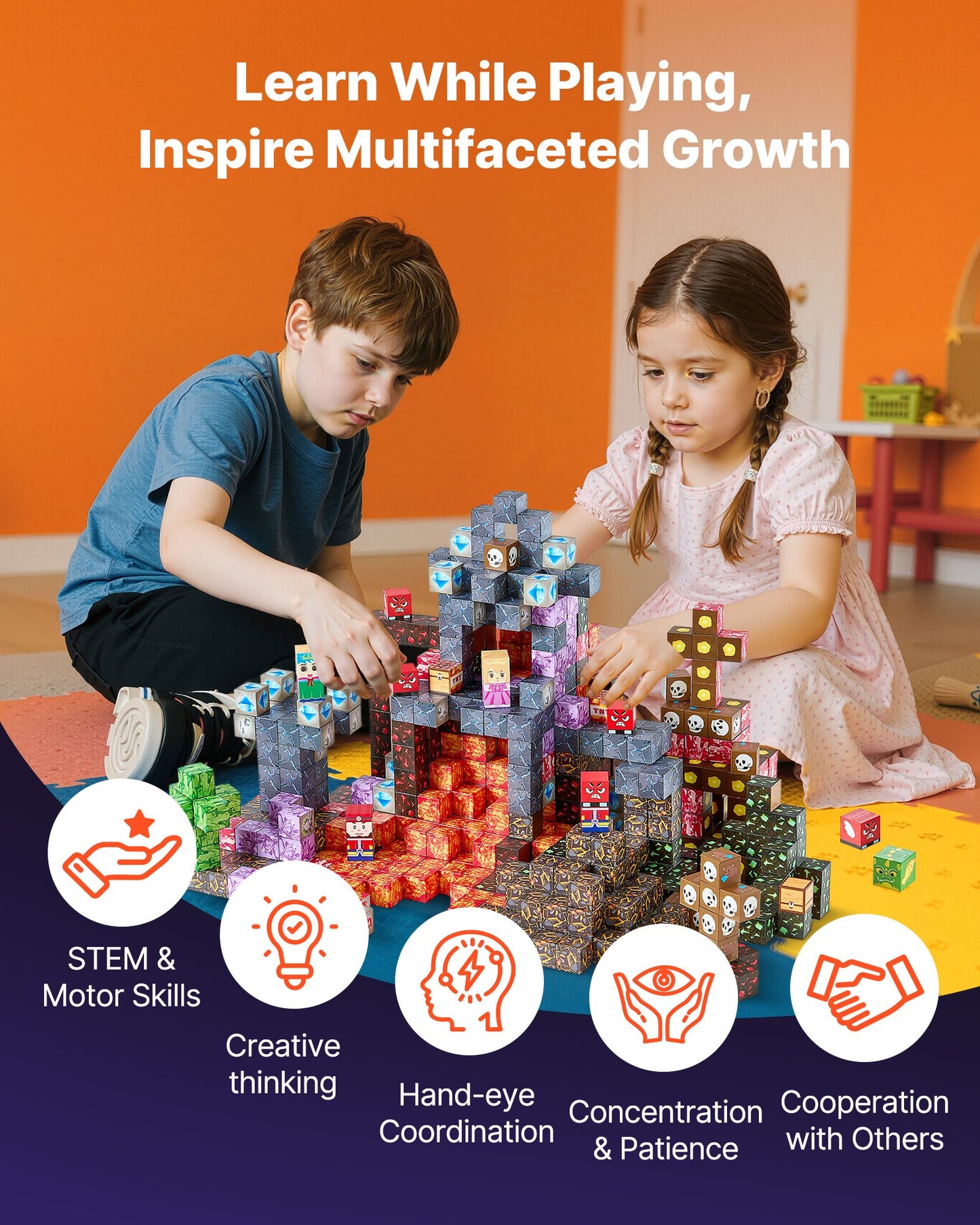 Two children playing with building blocks in a room with an orange wall.