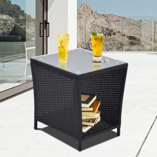 Outdoor Side Coffee Table With Storage Shelves, All-weather PE Rattan And Steel Frame Patio Furniture Square Frame, Garden Porch Bistro Table