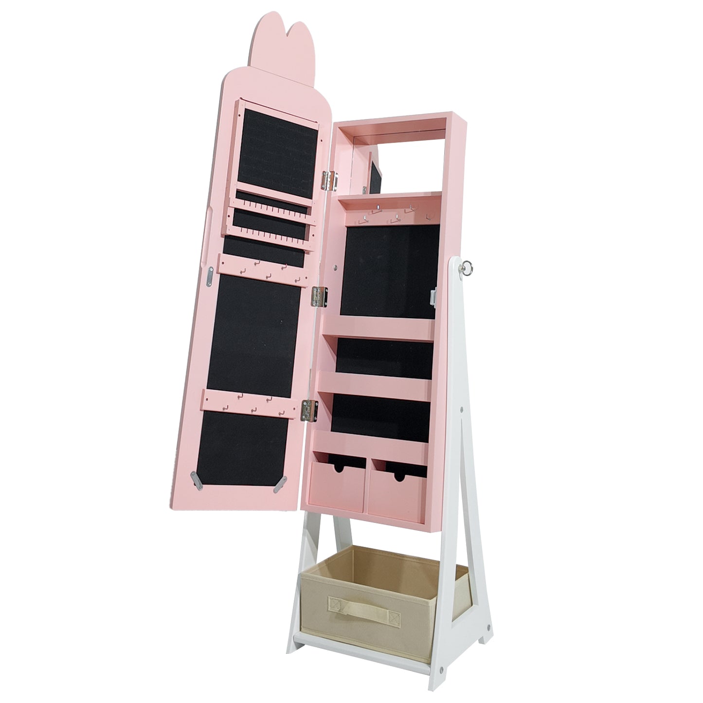 Jewelry Armoire Cabinet, Rabbit Themed Wooden Standing Jewelry Organizer W-Full-length Mirror And Storage Drawers, Children Dress Up Jewelry Cabinet For Little Girls Pink