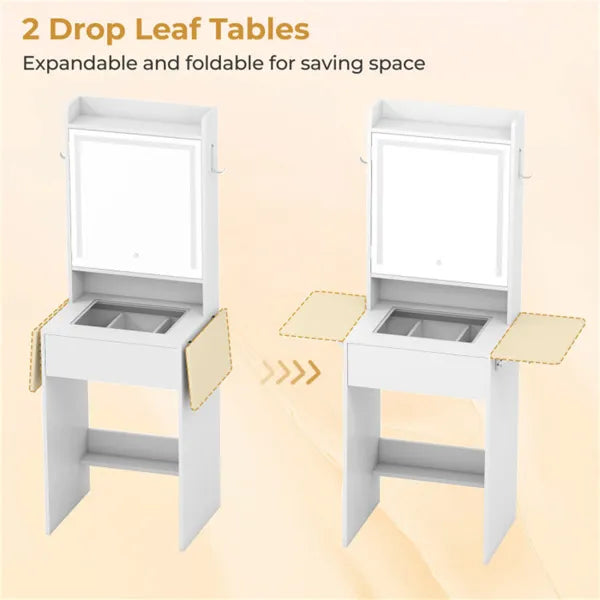 Vanity Table With LED Lighted Mirror, 2 Drop Leaf Extension & Built-in Charging Station-White