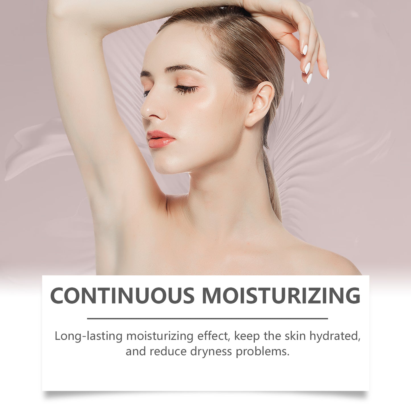 Woman with smooth skin on a light pink background with text about continuous moisturizing.
