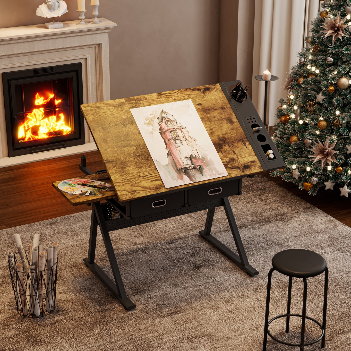 Adjustable Drawing Drafting Table Desk With 2 Drawers For Home Office And School With Stool  Wood