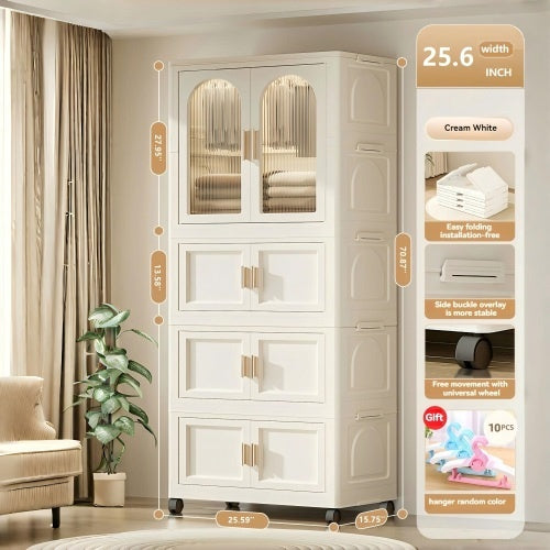 25.59 Side Wide Folding Wardrobe , 25.59x15.75x70.87 , With Magnetic Door, Plastic Storage Cabinet With Wheels One Layer Of Wardrobe X Three Layers Of Folding Boxesx10 Hangers