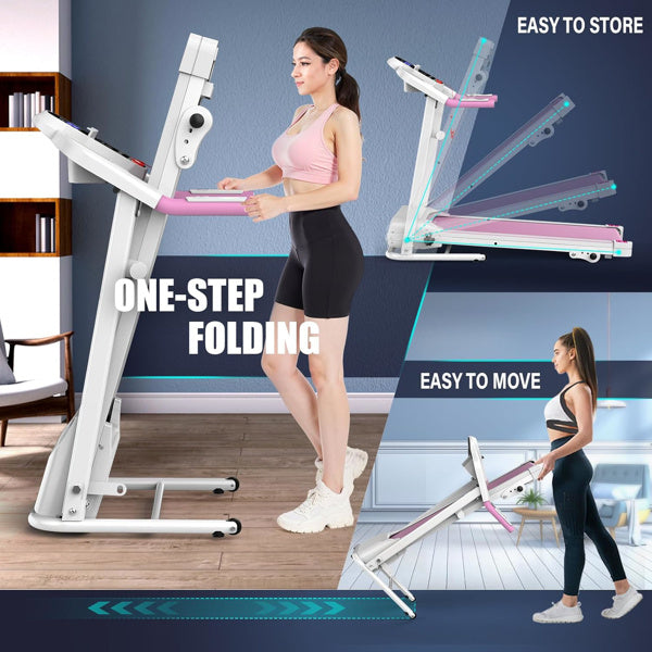 Pink Compact Folding Treadmill For Home - 2.5HP Quiet Brushless Motor, 3-Level Incline, 7.5 MPH, Shock Absorption, Space-Saving Design For Running, Walking - Treadmill For Small Spaces & Home Use