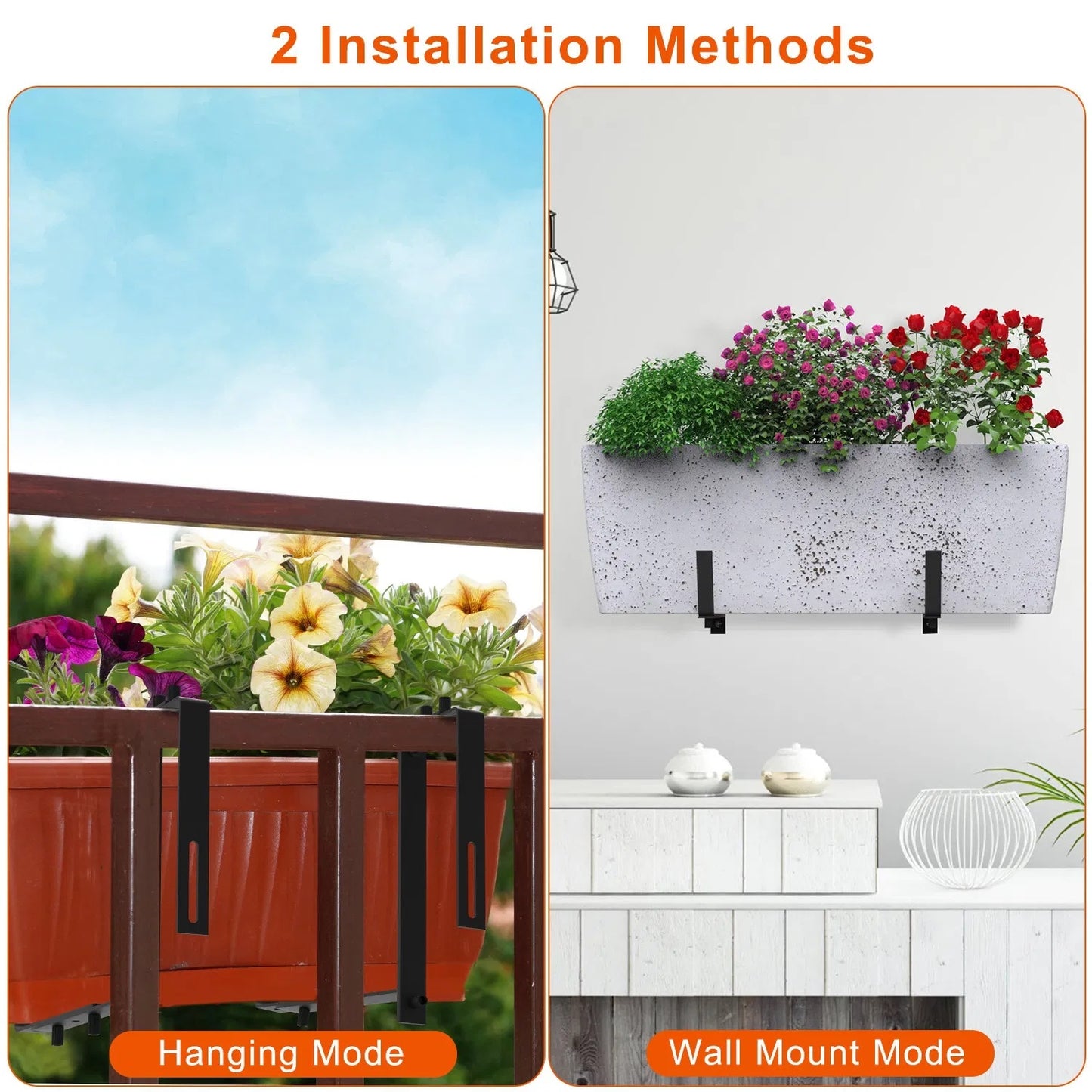 Telescopic Window Planter Bracket, Iron No-Drill Wall-Mounted Flower Box Holder, Tray & Dual-Size Hook, Indoor Outdoor Rustproof Rail Hanging Basket Support, With 24 Screws & Screw