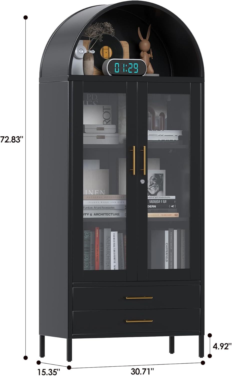 73 In Tall Metal Arched Cabinet, Kitchen Pantry Cabinet With Glass Doors, Modern Farmhouse Arched Bookcase With 2 Drawers And 2 Adjustable Shelves For Living Room, Black, Assembly Required