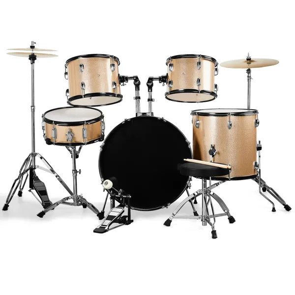 Full Size AdultDrum Set 5-Piece Champagne With Bass Drum, Two Tom Drum, Snare Drum, Floor Tom, Stool, Drum Pedal, Sticks