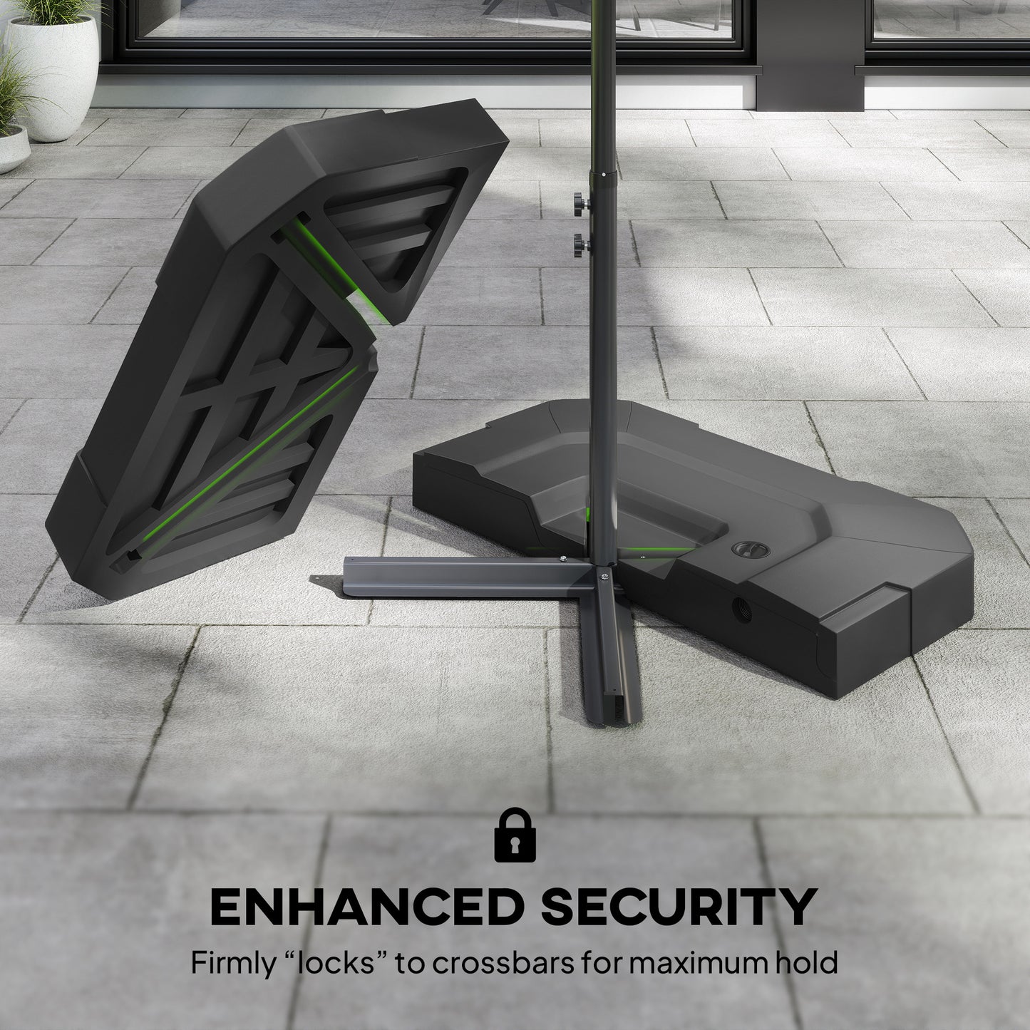 Black security device with green accents on a tiled floor, labeled 'Enhanced Security'.