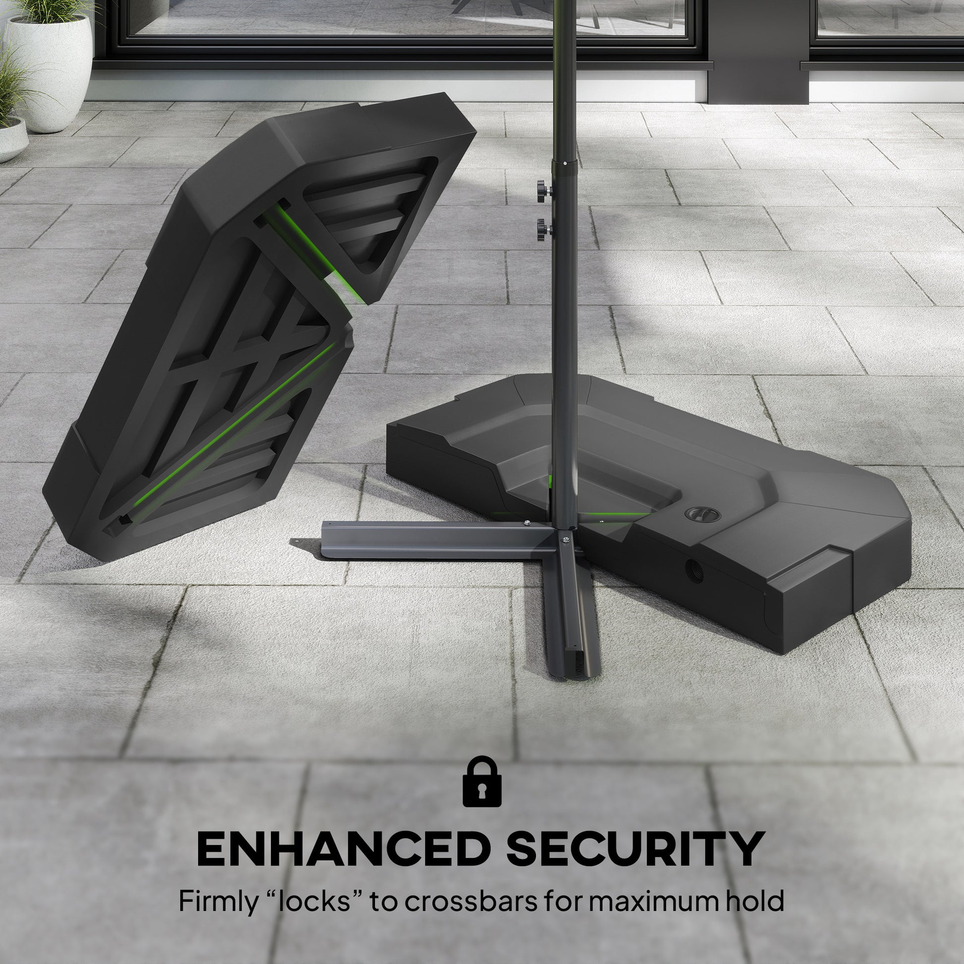 Black security device with green accents on a tiled floor, labeled 'Enhanced Security'.