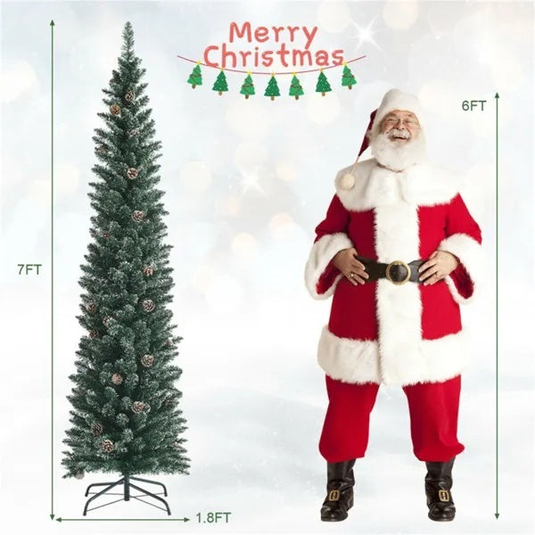 7FT Green Artificial Christmas Tree - 351 Lush Tips, 41 Realistic Pine Cones, Foldable Metal Stand