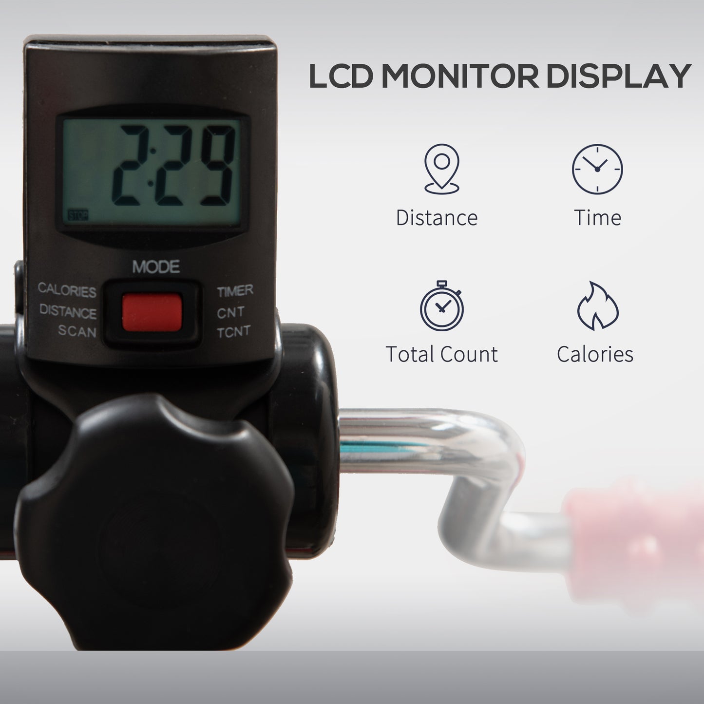 Digital device with an LCD display showing '2.29', featuring icons and text for distance, time, total count, and calories on a gray background.