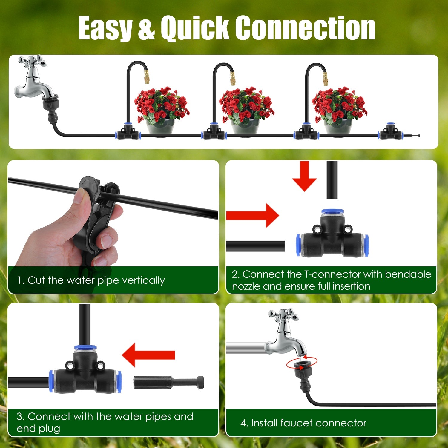 Step-by-step guide on how to connect a water pipe system with T-connector and faucet connector.