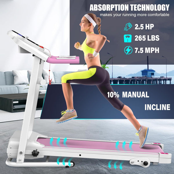 Pink Compact Folding Treadmill For Home - 2.5HP Quiet Brushless Motor, 3-Level Incline, 7.5 MPH, Shock Absorption, Space-Saving Design For Running, Walking - Treadmill For Small Spaces & Home Use