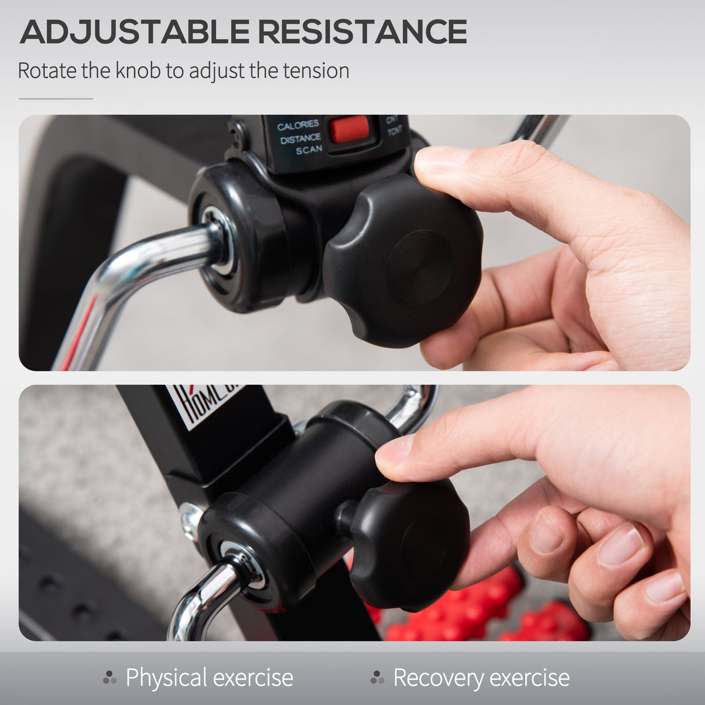 Adjustable resistance knob on exercise equipment with a hand turning it, labeled 'Adjustable Resistance'.