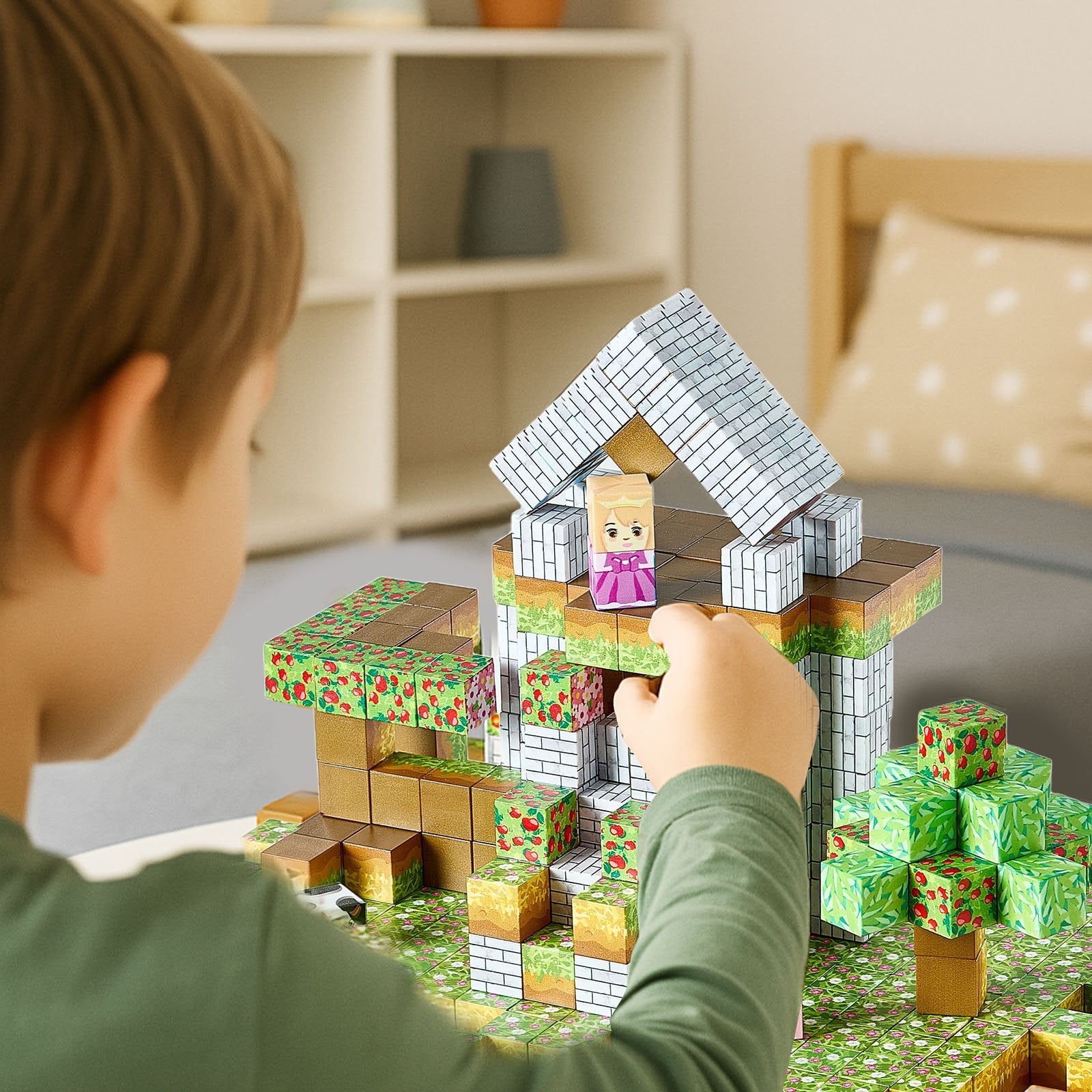 Child playing with a Minecraft-themed building set on a table.