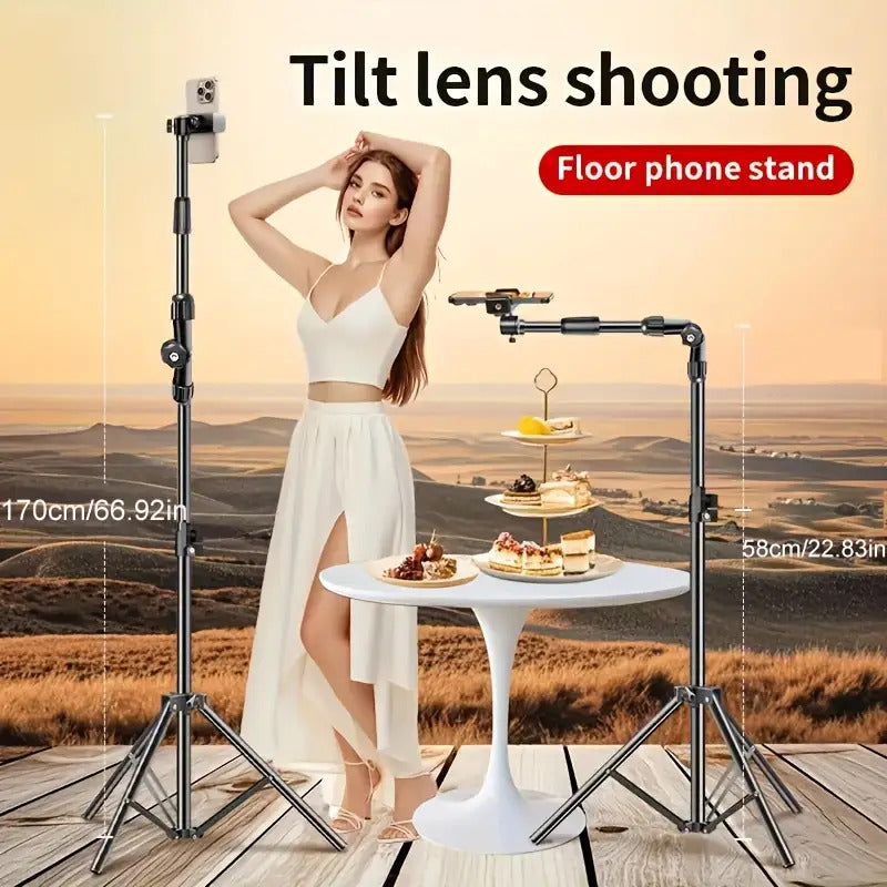Adjustable 67-Inch Metal Floor Phone Tripod With Telescopic Arm, Suitable For Outdoor And Indoor Mobile Live Streaming And Photography - Mother's Day Gift, Photography Equipment ,Adjustable Height St